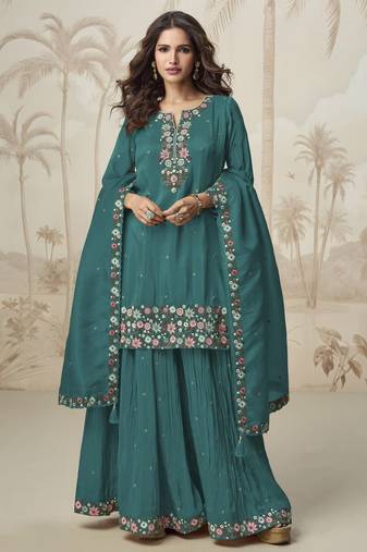 Aqua green color roman simar fabric heavy embroidered palazzo dress