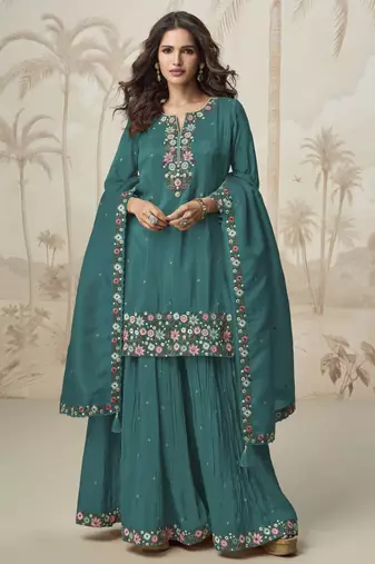 Aqua green color roman simar fabric heavy embroidered palazzo dress
