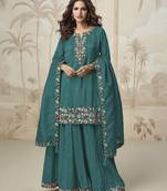 Aqua green color roman simar fabric heavy embroidered palazzo dress