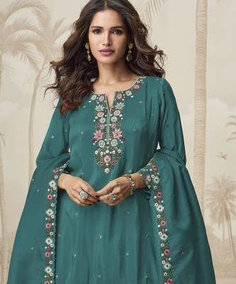 Aqua green color roman simar fabric heavy embroidered palazzo dress 2