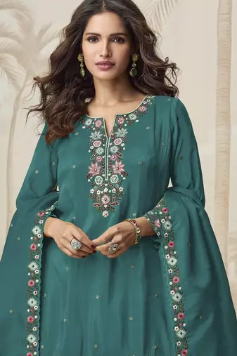 Aqua green color roman simar fabric heavy embroidered palazzo dress