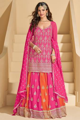 Pink color ethnic georgette fabric heavy wedding reception wear ghaghra suit