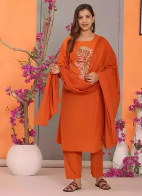 Orange Embroidered Cotton Kurta and Pant Set with Dupatta 1