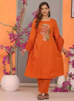 Orange Embroidered Cotton Kurta and Pant Set with Dupatta 2