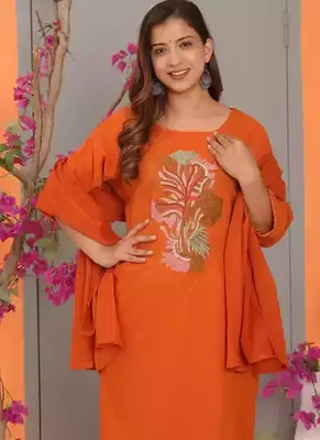 Orange Embroidered Cotton Kurta and Pant Set with Dupatta 3