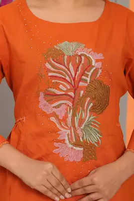 Orange Embroidered Cotton Kurta and Pant Set with Dupatta 4