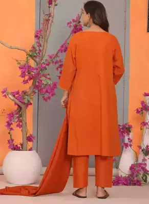 Orange Embroidered Cotton Kurta and Pant Set with Dupatta 5