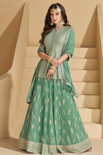 Green color ethnic georgette fabric heavy wedding reception wear ghaghra suit