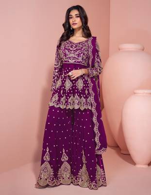 Purple color heavy wedding ceremonial wear trendy sharara dress 1