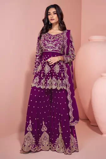Purple color heavy wedding ceremonial wear trendy sharara dress