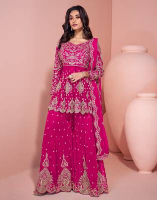 Pink color heavy wedding ceremonial wear trendy sharara dress 1