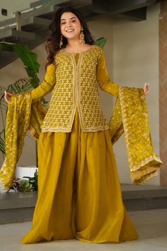 Mehendi silk fabric designer embroidery work ethnic sharara dress