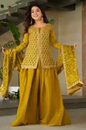 Mehendi silk fabric designer embroidery work ethnic sharara dress