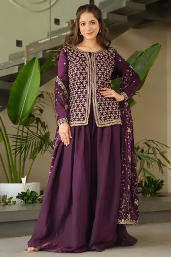 Wine color fendy silk fabric designer embroidery work ethnic sharara dress