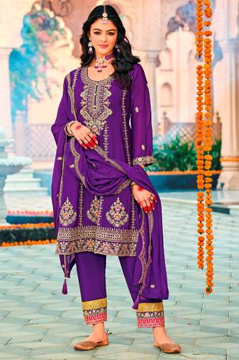 Purple color heavy embroidered chinon fabric designer salwar kameez