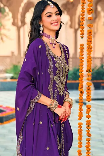 Purple color heavy embroidered chinon fabric salwar kameez