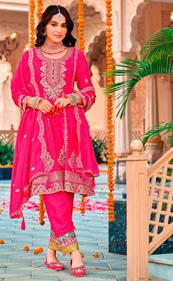 Pink color heavy embroidered chinon fabric salwar kameez 1