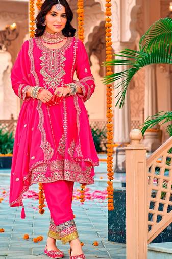 Pink color heavy embroidered chinon fabric designer salwar kameez