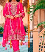 Pink color heavy embroidered chinon fabric salwar kameez