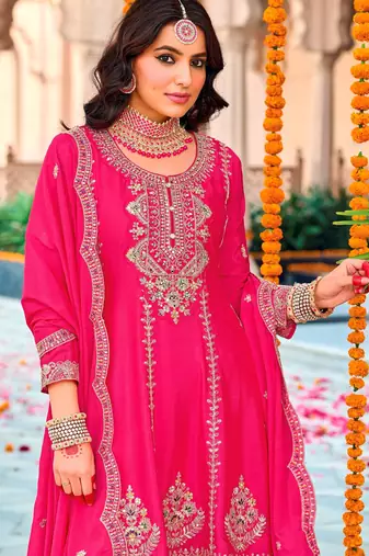 Pink color heavy embroidered chinon fabric salwar kameez