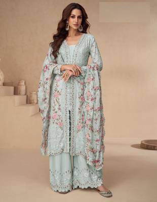 Beautiful grey color resham embroidered palazzo suit 1