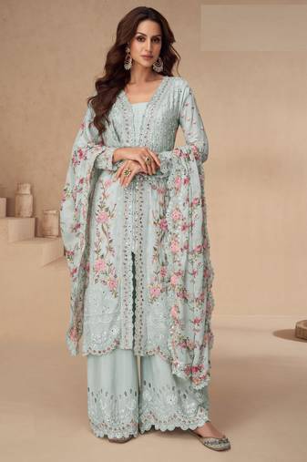 Beautiful grey color resham embroidered palazzo suit