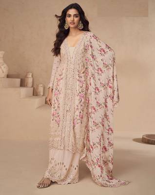 Beautiful peach color resham embroidered palazzo suit 1