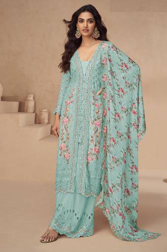 Beautiful sky blue color resham embroidered palazzo suit