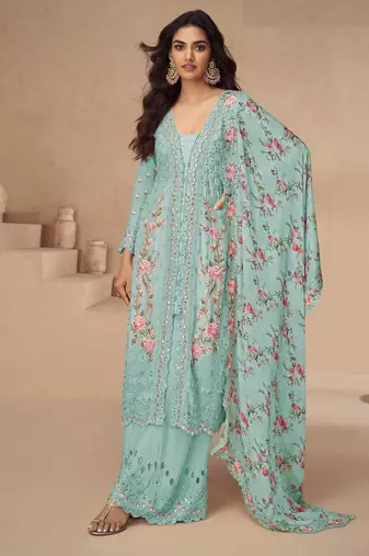Beautiful sky blue color resham embroidered palazzo suit