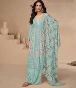 Beautiful sky blue color resham embroidered palazzo suit