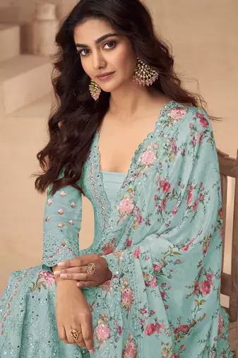 Beautiful sky blue color resham embroidered palazzo suit