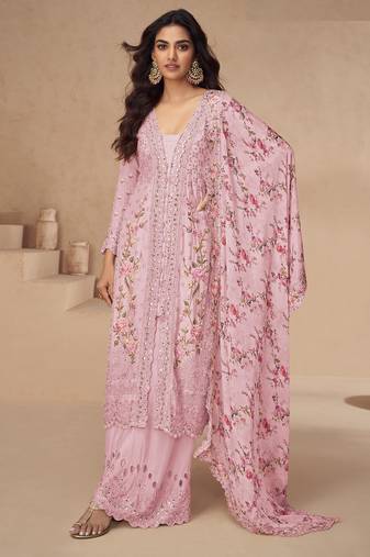 Beautiful pink color resham embroidered palazzo suit