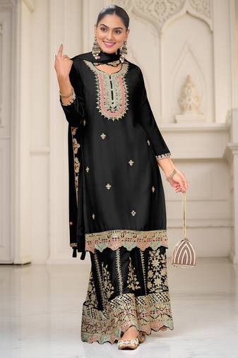 Black color chinon fabric heavy embroidered graceful partywear saree