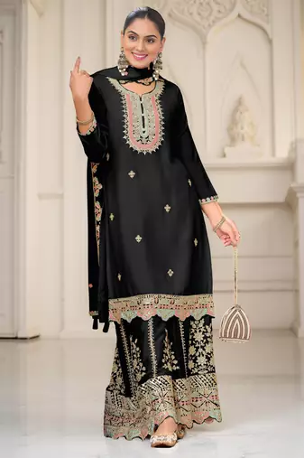 Black color chinon fabric heavy embroidered graceful partywear saree