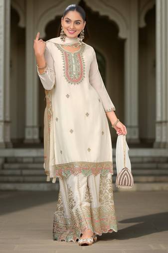 Off white color chinon fabric heavy embroidered graceful partywear palazzo set