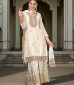 Off white color chinon fabric heavy embroidered graceful partywear palazzo set