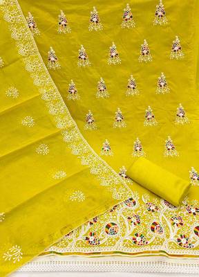 Women's lemon yellow embroidered dress material 3
