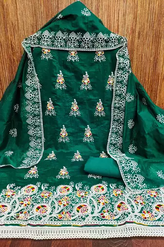 Women's dark green embroidered dress material