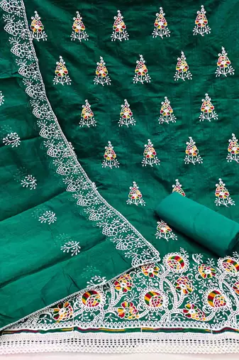 Women's dark green embroidered dress material