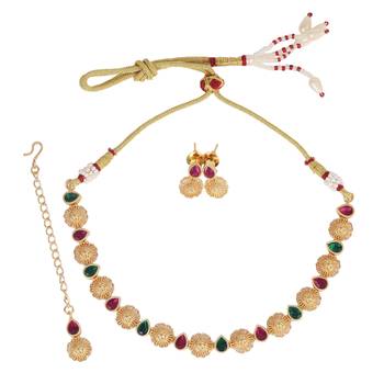 Traditional round and oval shape gold plated choker necklace set for women 2