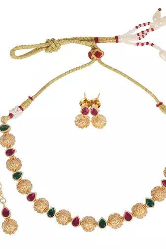 Traditional round and oval shape gold plated choker necklace set for women