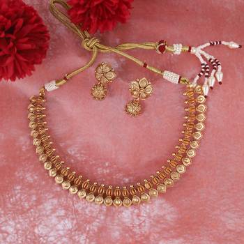 Traditional flower and rudhraksh design gold plated choker necklace set for women 1