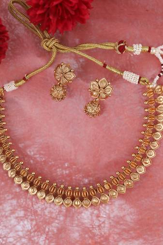 Traditional flower and rudhraksh design gold plated choker necklace set for women