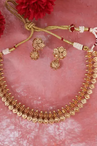 Traditional flower and rudhraksh design gold plated choker necklace set for women