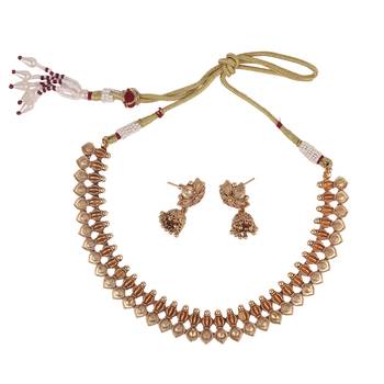 Traditional flower and rudhraksh design gold plated choker necklace set for women 2