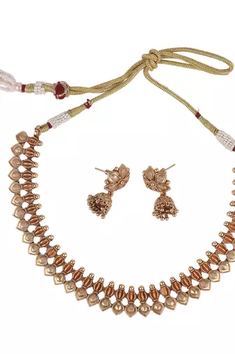 Traditional flower and rudhraksh design gold plated choker necklace set for women