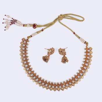 Traditional flower and rudhraksh design gold plated choker necklace set for women 5