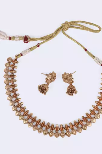 Traditional flower and rudhraksh design gold plated choker necklace set for women