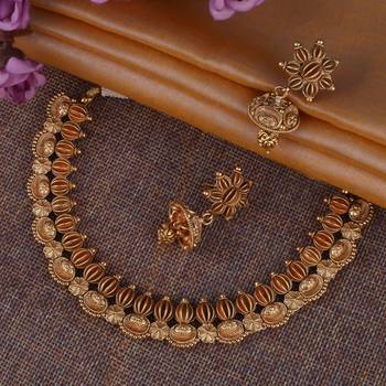 Traditional flower and rudhraksh design gold plated choker necklace set for women 1