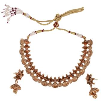 Traditional flower and rudhraksh design gold plated choker necklace set for women 2